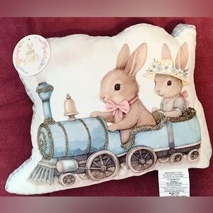 Easter Bunnies riding Train Decor Throw Pillow Embellished Beaded Gingham